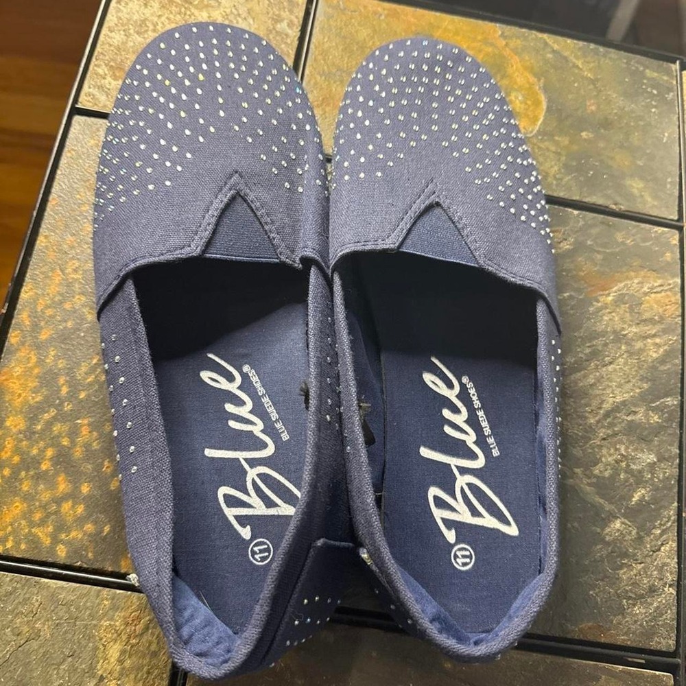 Blue Suede Shoes Blue Faux Suede Rhinestone Slip-On